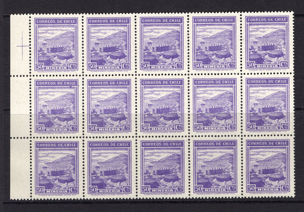 CHILE - 1938 - COMMEMORATIVES: 50c violet 'Mining' issue a fine unmounted mint side marginal block of fifteen. (SG 273)  (CHI/1221)