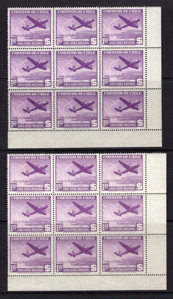 CHILE - 1946 - AIRMAIL ISSUE: 1p 60c reddish violet and 1p 80c reddish violet AIRMAIL issue both fine unmounted mint corner marginal blocks of nine. (SG 305/306)  (CHI/1226)