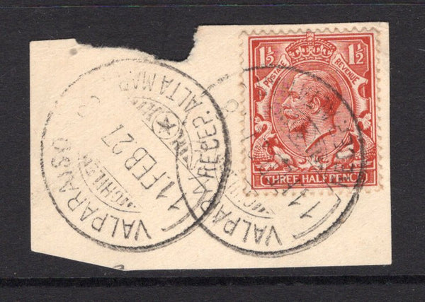 CHILE - 1927 - GB USED IN CHILE: 1½d red brown GV issue (SG 420) tied on small piece by VALPARAISO RECEP ALTA MAR cds dated 11 FEB 27 with second strike alongside.  (CHI/1231)