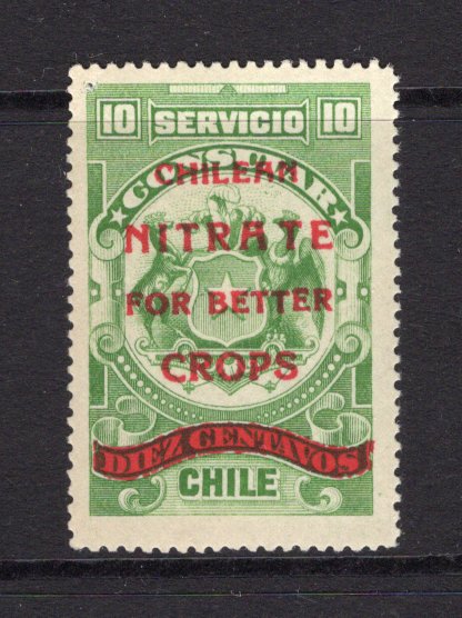 CHILE - 1930 - CINDERELLA: Circa 1930. 10c green CONSULAR REVENUE with English language 'Chilean Nitrate For Better Crops' propaganda overprint in carmine and value obliterated by bar also in carmine. Fine mint.  (CHI/1234)