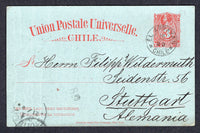 CHILE - 1899 - CANCELLATION: 3c red on grey blue postal Stationery card (H&G 15) used with fine EL ARRAYAN cds dated 18 JUL 99. Addressed to GERMANY with arrival cds on front. Some light creasing at left.  (CHI/1244)