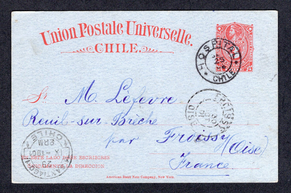 CHILE - 1901 - CANCELLATION: 3c red on grey violet postal Stationery card (H&G 20) used with fine HOSPITAL cds dated SEP 25 01. Addressed to FRANCE with transit and arrival cds's all on front.  (CHI/1246)