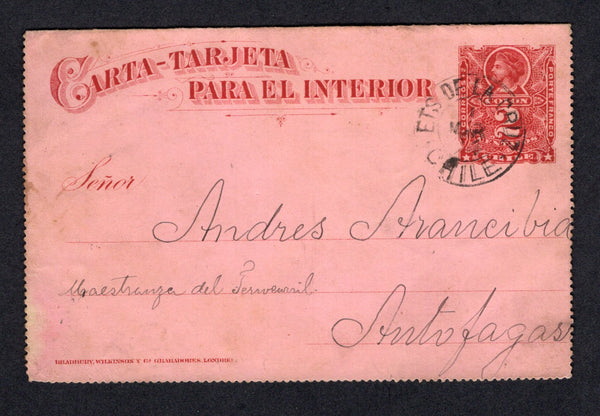 CHILE - 1895 - CANCELLATION: 2c carmine on pink postal stationery letter card (H&G A1 with outer perforations removed) used with fine strike of ETS DE LA CRUZ Railway station cds (error of lettering should be EST for ESTACION). Addressed to ANTOFAGASTA with transit and arrival cds's on reverse. Odd small fault but scarce origination.  (CHI/1254)