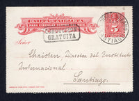 CHILE - 1897 - CORREO URBANO: 5c carmine postal stationery letter card (H&G A3 with outer perforations removed) used with fine strike of CORREO URBANO SANTIAGO cds and boxed CONDUCCION GRATUITA marking alongside. Addressed locally.  (CHI/1255)