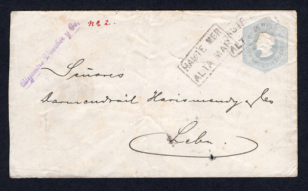 CHILE - 1893 - CANCELLATION: 10c grey blue on white postal stationery envelope (H&G B6) sent from VALPARAISO with cds on reverse and two strikes of boxed HAUTE MER ALTA MAR cancel on front. Addressed to LEBU with  transit & arrival marks on reverse.  (CHI/1259)