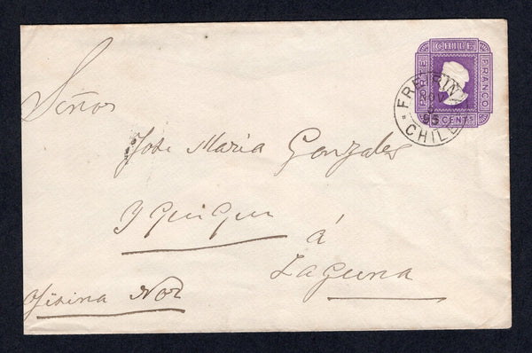 CHILE - 1895 - CANCELLATION: 5c violet postal stationery envelope (H&G B13a) used with fine FREIRINA cds to IQUIQUE with arrival mark on reverse. Roughly opened at left.  (CHI/1267)