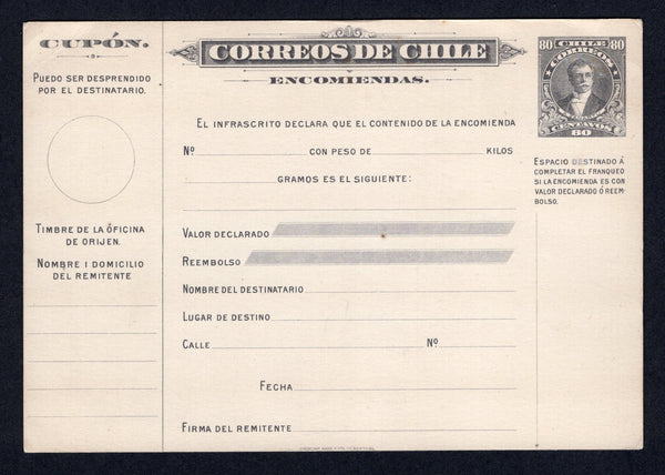 CHILE - 1912 - POSTAL STATIONERY: 80c grey on white 'Presidente' postal stationery parcel post card (H&G N4) fine unused.  (CHI/1279)