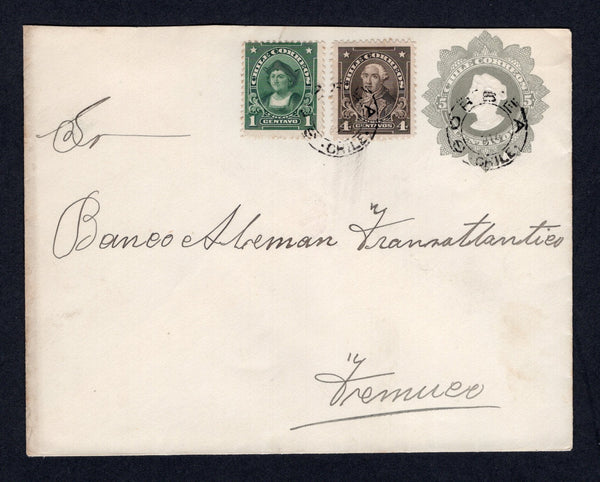 CHILE - 1914 - CANCELLATION: 5c grey postal stationery envelope (H&G B19) used with added 1911 1c green & 1912 4c sepia 'Presidente' issues (SG 135 & 151) tied by fine GORBEA 1914 cds's. Addressed to TEMUCO with arrival cds on reverse.  (CHI/1282)