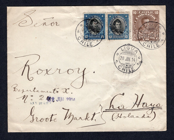 CHILE - 1914 - POSTAL STATIONERY & PRESIDENTE ISSUE: 10c brown 'Presidente' postal stationery envelope (H&G B21) with added 2 x 1912 10c black & blue 'Presidente' issue (SG 153) tied by LIGUA cds's. Addressed to HOLLAND with transit & arrival marks on reverse. Cover a little crumpled.  (CHI/1287)