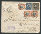 CHILE - 1922 - PRESIDENTE ISSUE & REGISTRATION: 15c dark brown 'Presidente' postal stationery envelope (H&G B23) used with added 1915 5c blue and 3 x 20c black & orange 'Presidente' issue (SG 161 & 166) all tied by multiple strikes of COQUIMBO cds with fine purple handstruck COQUIMBO registration marking alongside. Addressed to GERMANY with transit & arrival marks on reverse.  (CHI/1289)