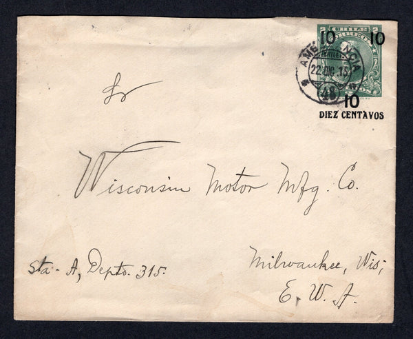 CHILE - 1915 - TRAVELLING POST OFFICES & CANCELLATION: 10c on 2c green 'Presidente' postal stationery envelope (H&G B27) used with fine strike of 'AMBULANCIA 48' travelling P.O. cds (Santiago - Talcahuano night train line). Addressed to USA with SANTIAGO transit cds on reverse.  (CHI/1291)