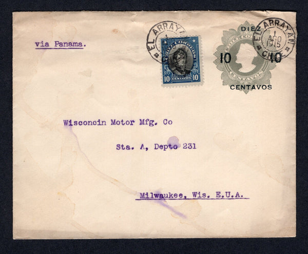 CHILE - 1915 - POSTAL STATIONERY & CANCELLATION: 10c on 5c grey postal stationery envelope (H&G B26) used with added 1912 10c black & blue 'Presidente' issue (SG 153) tied by fine strike of EL ARRAYAN cds with second strike alongside. Addressed to USA.  (CHI/1292)