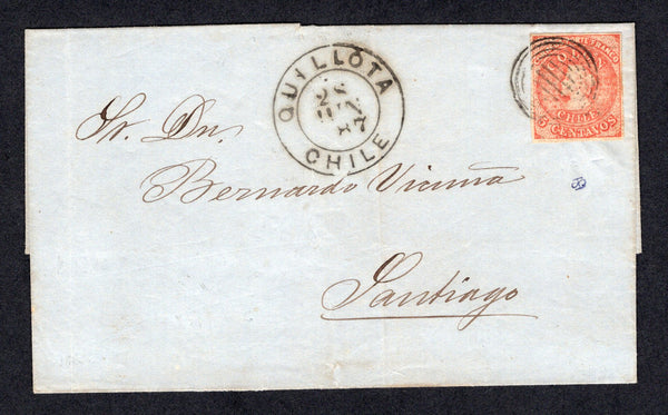 CHILE - 1867 - CLASSIC ISSUES: Cover franked with 1856 5c red 'Last Santiago' printing (SG 37) a very fine four margin copy tied by light 'Target' cancel with fine QUILLOTA cds alongside. Addressed to SANTIAGO. Fine cover.  (CHI/1295)
