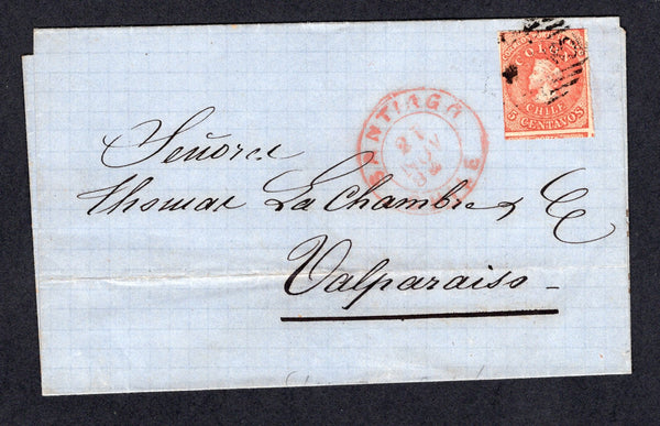 CHILE - 1866 - CLASSIC ISSUES: Cover franked with 1856 5c red 'Estancos' printing (SG 19) a good copy margins good to tight tied by 'CANCELLED' in bars with red SANTIAGO cds alongside. Addressed to VALPARAISO.  (CHI/1297)