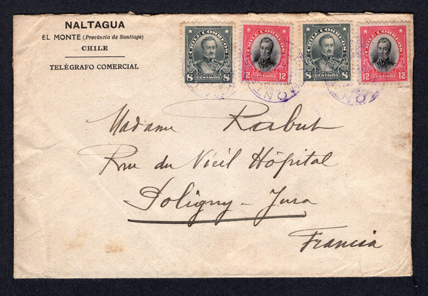 CHILE - 1914 - PRESIDENTE ISSUE & CANCELLATION: Headed 'Societe des Mines de Cuivre, Naltagua, EL MONTE, Chile, Telegrafo Comercial' envelope franked with 1911 2 x 12c black & rose and 1912 2 x 8c grey 'Presidente' issue (SG 140 & 152) all tied by purple EL MONTE cds's. Addressed to FRANCE with transit and arrival marks on reverse. Scarce origination.  (CHI/1321)