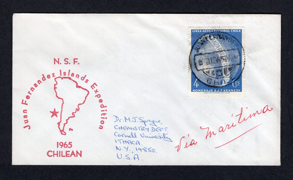 CHILE - 1965 - ISLA JUAN FERNANDEZ: Illustrated 'N.S.F. Juan Fernandez Islands Expedition 1965 Chilean' cover  franked with 1964 4c blue (SG 549) tied by JUAN FERNANDEZ cds with red 'N.S.F. Juan Fernandez Islands Expedition' cachet on front and large 'UNITED STATES ANTARCTIC RESEARCH PROGRAM NATIONAL SCIENCE FOUNDATION U.S.N.S. Eltamin The USARP Research Vessel' cachet on reverse. Addressed to USA.  (CHI/1326)