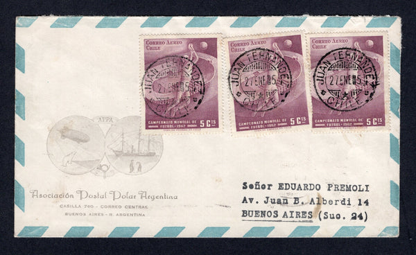 CHILE - 1965 - ISLA JUAN FERNANDEZ: 'Association Postal Polar Argentina' envelope franked with 3 x 1962 5c dull purple (SG 541) all cancelled by three individual strikes JUAN FERNANDEZ cds's. Addressed to ARGENTINA.  (CHI/1327)