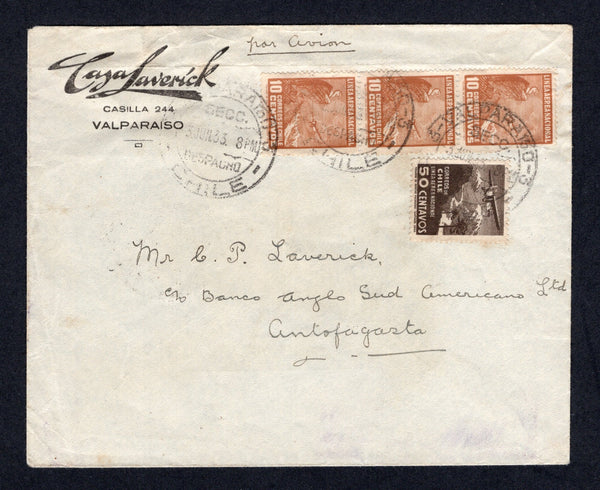 CHILE - 1933 - AIRMAIL: Cover franked 1931 strip of three 10c yellow brown & 50c sepia LAN issues (SG 224 & 226) tied by VALPARAISO 3 cds's sent by the LAN internal airmail service to ANTOFAGASTA with arrival cds on reverse.  (CHI/1333)