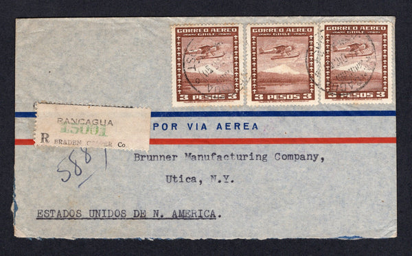 CHILE - 1950 - PRIVATE REGISTRATION: Airmail cover franked 1944 3 x 3p brown 'International' AIR issue (SG 360) all tied by RANCAGUA cds's with black & white printed BRADEN COPPER Co. RANCAGUA registration label alongside. Addressed to USA with transit & arrival marks on reverse.  (CHI/1338)