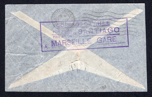 CHILE - 1937 - AIRMAIL & INSTRUCTIONAL MARK: Airmail cover franked with 30c, 2p & 8p (SG 233, 245 & 250) all tied by SANTIAGO cds's addressed to SWITZERLAND with fine strike of boxed CORREO DE CHILE POR AVION PAR AVION DE SANTIAGO A MARSEILLE GARE airmail instructional marking in purple on reverse with French Marseille Gare transit cds.  (CHI/1348)