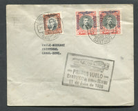 CHILE - 1929 - FIRST FLIGHT: Cover franked with 1928 20c black & orange and pair 2p black & dull scarlet 'Presidente' AIR overprint issue (SG 191 & 194) tied by SANTIAGO cds's dated 21 JUL 1929 with fine boxed PRIMER VUELO SANTIAGO DE CHILE - MIAMI 21 DE JULIO DE 1929 First Flight cachet. Addressed to CANAL ZONE and flown on the SANTIAGO - CRISTOBAL leg of the flight with arrival cds on reverse. (Muller #25, 1315 covers flown)  (CHI/1350)