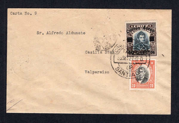 CHILE - 1927 - TESTART AIRMAIL: Plain cover franked with 1915 20c black & orange 'Presidente' issue plus 1927 40c on 10c blue & black brown 'Testart Air' issue (SG 166 & 184) tied by CORREO AEREO SANTIAGO 26 SEP 1927 cds. Addressed to VALPARAISO with various arrival cds's of the same day on reverse.  Very Scarce.  (CHI/14694)