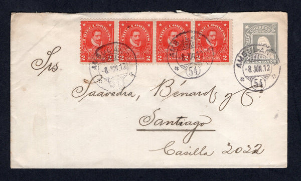 CHILE - 1912 - TRAVELLING POST OFFICES: 2c grey postal stationery envelope (H&G B16a) used from RANCAGUA with firms cachet on reverse with added strip of four 1911 2c scarlet 'Presidente' issue (SG 136) tied by multiple strikes of AMBULANCIA 54 cds (Santiago - Talca - Talcahuano route). Addressed to SANTIAGO with arrival cds on reverse.  (CHI/17414)