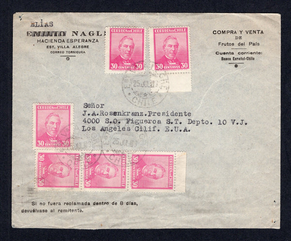 CHILE - 1948 - TRAVELLING POST OFFICES: Cover franked with 6 x 1931 30c magenta (SG 233) tied by EST V. ALEGRE cds's. Addressed to USA with AMBULANCIA 67 cds (Santiago - Talca - Talcahuano line) on reverse with SANTIAGO transit cds.  (CHI/17417)