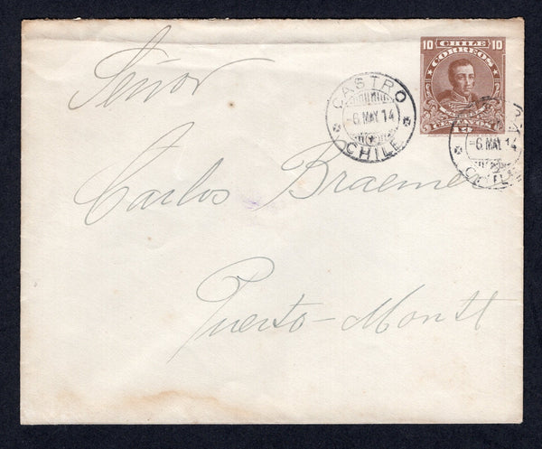 CHILE - 1912 - CANCELLATION & ISLAND P.O.: 10c brown postal stationery envelope (H&G B21) used two strikes of CASTRO cds (small P.O. on the Island of Chiloe). Addressed to PUERTO MONTT with arrival cds on reverse.  (CHI/19942)