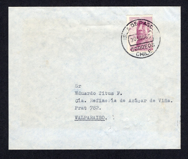 CHILE - 1965 - EASTER ISLAND: Commercial cover franked with single 1965 6c reddish purple 'Easter Island Head' issue (SG 555) tied by fine ISLA DE PASCUA cds. Addressed to VALPARAISO with SANTIAGO transit cds on reverse.  (CHI/2033)