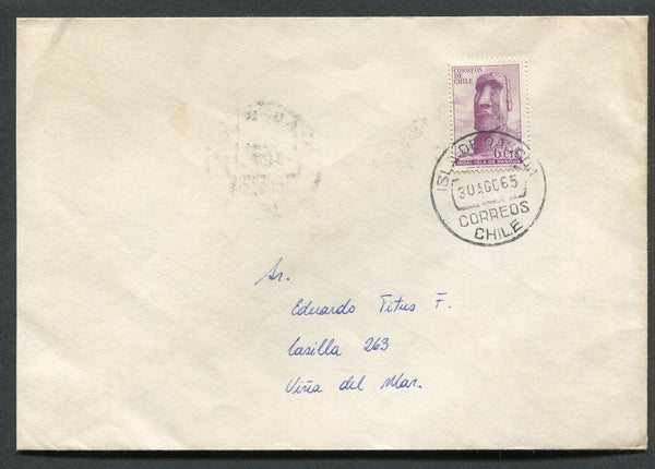 CHILE - 1965 - EASTER ISLAND: Official cover with 'Republica de Chile Oficinas Fiscales' ARMS imprint on flap franked with single 1965 6c reddish purple 'Easter Island Head' issue (SG 555) tied by fine ISLA DE PASCUA cds. Addressed to VINA DEL MAR.  (CHI/2034)