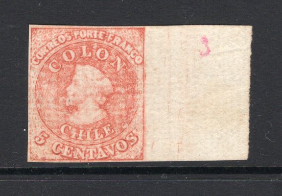 CHILE - 1866 - PROOF: 5c red 'Columbus' issue IMPERF PROOF on unwatermarked ribbed paper. (As SG 37)  (CHI/2040)