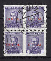 CHILE - 1956 - OFFICIALS: 50p violet 'OFICIAL' overprint issue perf 14 x 14½, a fine used block of four with central SANTIAGO 8 cds dated 2 JAN 1957. (SG O454)  (CHI/2060)