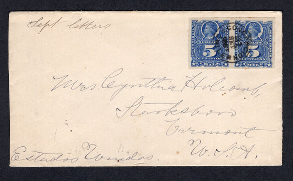 CHILE - 1887 - ROULETTE ISSUE: Cover franked with pair 1879 5c bright ultramarine 'Roulette' issue (SG 59) tied by small CONCEPCION thimble cds. Addressed to USA with arrival cds on reverse.  (CHI/21659)
