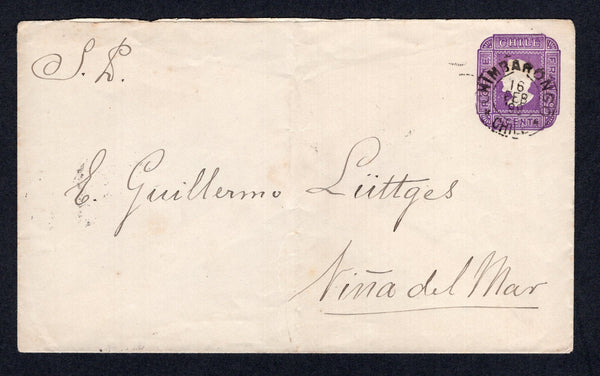 CHILE - 1898 - CANCELLATION: 5c violet postal stationery envelope (H&G B13a) used with good strike of CHIMBARONGO cds. Addressed to VINA DEL MAR with transit & arrival cds's on reverse. A rare origination at this date.  (CHI/21703)