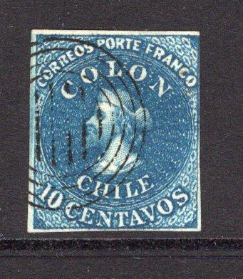 CHILE - 1853 - CLASSIC ISSUES: 10c deep bright blue on yellowish 'Perkins Bacon' FIRST ISSUE, a superb lightly used copy with four margins, tight at top right but otherwise exceptional quality. (SG 2)  (CHI/23262)