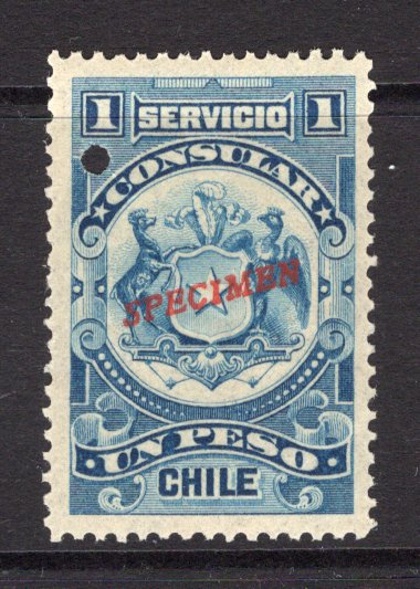 CHILE - 1907 - REVENUE & SPECIMEN: 1p blue 'Consular' REVENUE issue, a fine mint copy with red 'SPECIMEN' overprint and small hole punch. Ex ABNCo. archive. (Forbin #4)  (CHI/24166)