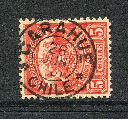 CHILE - 1899 - POSTAL TELEGRAPH & CANCELLATION: 5c red 'Telegraph' issue used with fine central strike of CARAHUE cds dated 26 JUN 1901. (Barefoot #8)  (CHI25334)