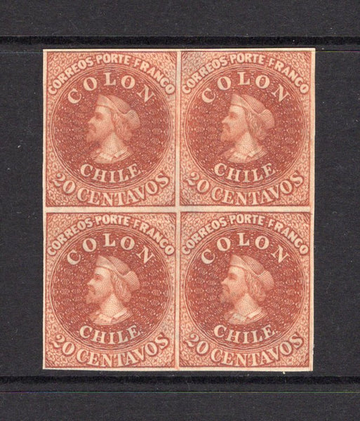 CHILE - 1910 - HAHN REPRINTS: 20c chocolate brown 'Hahn' REPRINT, a fine unused block of four.  (CHI/25776)