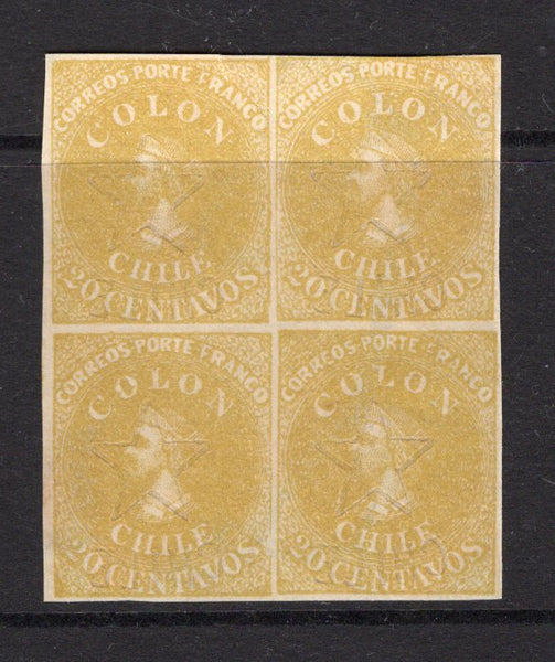 CHILE - 1910 - HAHN REPRINTS: 20c olive yellow 'Hahn' REPRINT, a fine unused block of four.  (CHI/25777)