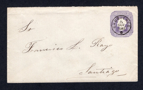 CHILE - 1881 - POSTAL STATIONERY & CANCELLATION: 5c violet postal stationery envelope on quadrille paper (H&G B12a) used with fine CAUQUENES thimble cds. Addressed to SANTIAGO  with arrival cds on reverse. Very fine.  (CHI/26620)