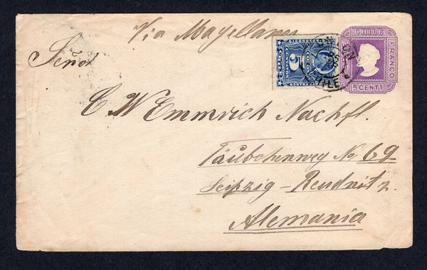 CHILE - 1898 - POSTAL STATIONERY & CANCELLATION: 5c violet on laid paper postal stationery envelope (H&G B13a) used with added 1878 5c bright ultramarine 'Roulette' issue (SG 59) tied by UNION cds. Addressed to CONCEPCION with arrival cds on reverse.  (CHI/26623)