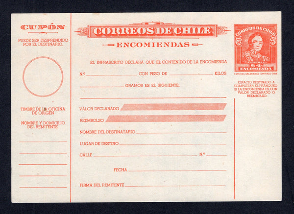 CHILE - 1952 - POSTAL STATIONERY: 4p orange on cream 'Presidente' postal stationery parcel post card on thin stock (H&G N37). A fine unused example.  (CHI/26627)