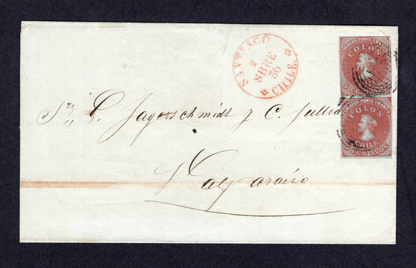 CHILE - 1856 - CLASSIC ISSUES: Cover franked with fine pair 1855 5c brown red on blue 'Perkins Bacon New Plate' printing (SG 17), good margins all round, just tight to touching at top right tied by 'Target' cancels with SANTIAGO cds in red alongside dated 2 SEPT 1856. Addressed to VALPARAISO.  (CHI/26636)