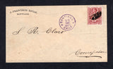 CHILE - 1877 - ROULETTE ISSUE: Cover franked with single 1877 5c lake 'Roulette' issue (SG 51) cancelled by dumb 'Cork' cancel with fine SANTIAGO cds in purple alongside dated 12 DEC 1877. Addressed to CONCEPCION with arrival cds on reverse. A fine use of the 5c on cover in the correct period of issue.  (CHI/26639)