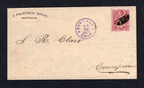 CHILE - 1877 - ROULETTE ISSUE: Cover franked with single 1877 5c lake 'Roulette' issue (SG 51) cancelled by dumb 'Cork' cancel with fine SANTIAGO cds in purple alongside dated 12 DEC 1877. Addressed to CONCEPCION with arrival cds on reverse. A fine use of the 5c on cover in the correct period of issue.  (CHI/26639)