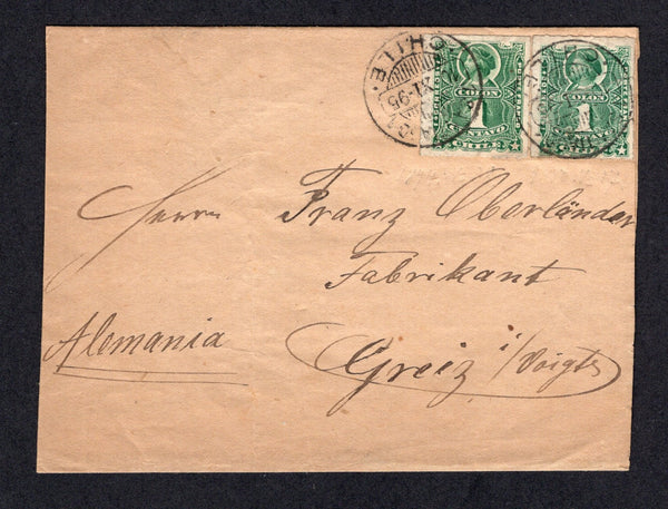 CHILE - 1895 - ROULETTE ISSUE & RATE: Home made newspaper wrapper franked with 2 x 1878 1c green 'Roulette' issue (SG 55) paying the 2c foreign newspaper rate tied by SANTIAGO cds's. Addressed to GERMANY with VALPARAISO transit cds on reverse. Uncommon rate.  (CHI/26640)