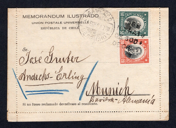 CHILE - 1928 - PRESIDENTE ISSUE & GOVERNMENTAL STATIONERY: Semi official printed 'Memorandum Ilustrado Union Postale Universelle Republica de Chile' lettercard with printed information on reverse including 'Salitre', 'Enconomia Nacional' and 'Laboratorio Chile' franked with 1915 20c black & orange red & 50c black & green 'Presidente' issue (SG 166 & 170) tied by SANTIAGO 'Nitrate' duplex cds dated 14 JAN 1928. Addressed to GERMANY. Fine & unusual.  (CHI/26649)