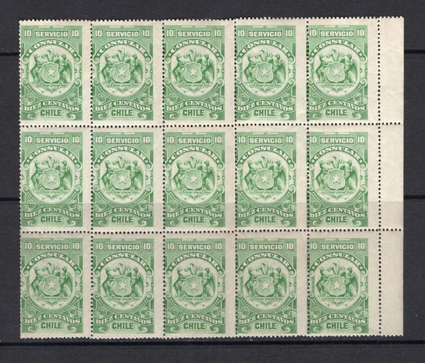 CHILE - 1915 - REVENUE & MULTIPLE: 10c green CONSULAR REVENUE issue, 1915 printing (either by Waterlow or Perkins Bacon), perf 14. A superb mint side marginal block of fifteen. (Crane #GC17)  (CHI/27744)