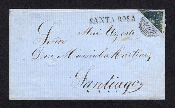 CHILE - 1856 - CLASSIC ISSUES, CANCELLATION & BISECT: Circa 1856. Cover franked with diagonally BISECTED 1856 10c deep blue 'Estancos' printing (SG 24c) tied by 'Target' cancel with superb strike of straight line SANTA ROSA marking in black alongside. Addressed to SANTIAGO. Very fine & rare.  (CHI/28165)